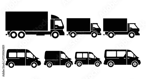 Delivery Trucks and Vans in Black Silhouette for Transport Logistics: Shipping Vehicles Depicting Cargo, Freight, and Distribution, Commercial Transport,  Business Solutions,  Corporate Services, Mobi