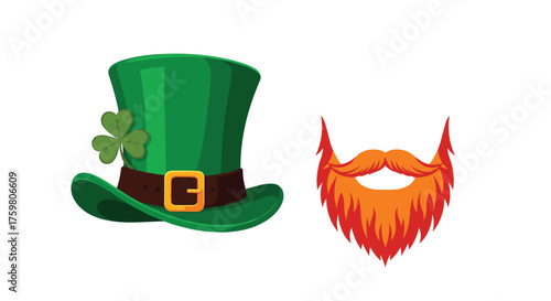 A green leprechaun hat with a shamrock and an orange beard