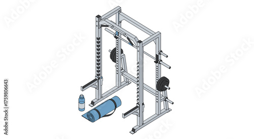 A weightlifting rack with exercise mat and water bottle in the gym.