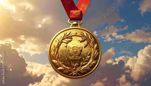 Golden Medal Hanging in the Sky with Clouds and Sunlight.