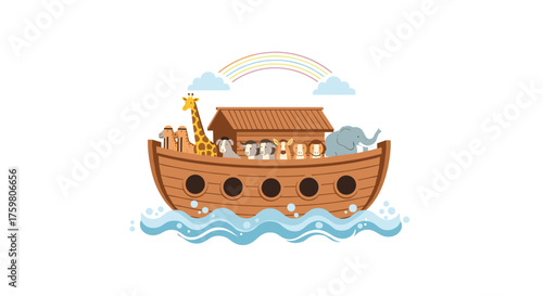 Noah's ark floating on the water with animals.