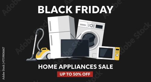Black Friday home appliances sale banner offering discounts on fridge TV washer and kitchen devices