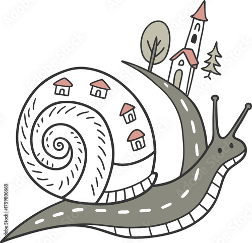 Whimsical Illustration Snail's Journey on a Road with Miniature Houses and Town
