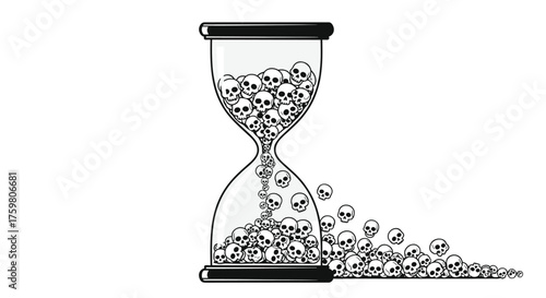 Hourglass filled with skulls spilling out representing the passage of time.