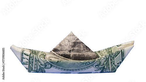A dollar bill is skillfully folded to form a boat /transparent PNG file/