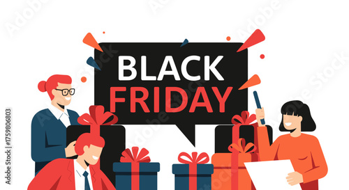 Black Friday promotion banner with smiling shoppers and gift boxes celebrating seasonal sale
