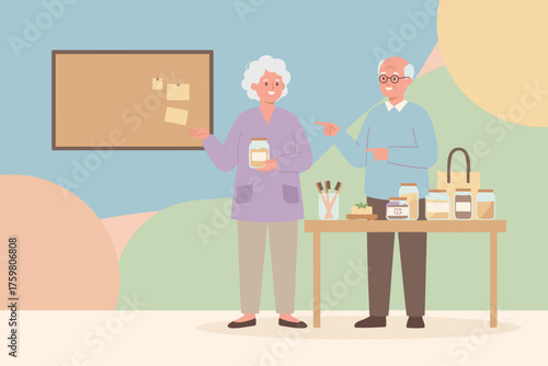 Elderly couple proudly showcasing natural sustainable products in jars ecofriendly lifestyle