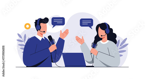 Two people talking into microphones with speech bubbles overhead.