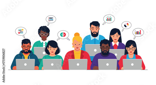 A diverse group of professionals collaborate on a project using laptops.