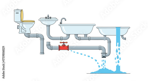 Diagram illustrating a residential plumbing system with a leak.