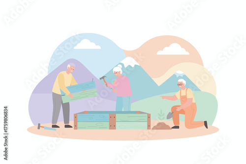 Elderly friends enjoy gardening building a raised bed and planting together in nature Active senior lifestyle