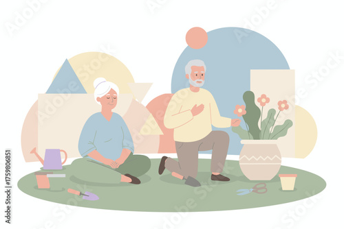 Peaceful senior couple enjoys gardening at home a relaxing hobby for healthy aging and leisure