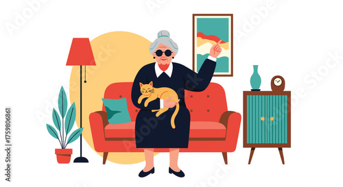 An elderly woman with sunglasses holds a cat while sitting on a sofa.