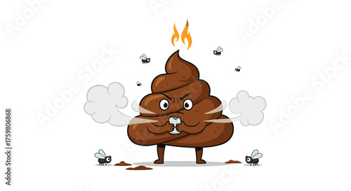 An angry cartoon poop character with steam coming out of its ears and flies buzzing around it.