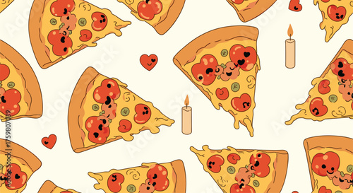 Delicious pizza slices with hearts and candles. 