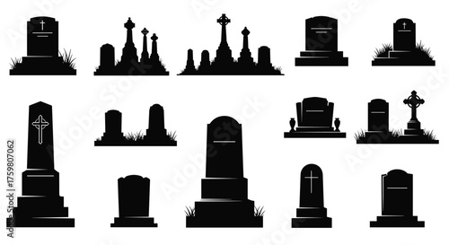 A collection of silhouetted gravestones and tombstone designs.