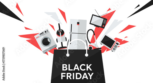 Black Friday shopping bag explosion with home electronics and appliances on sale