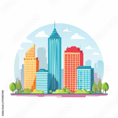 Colorful City Skyline with Modern Buildings Trees and Cloudy Sky Isolated on White Background