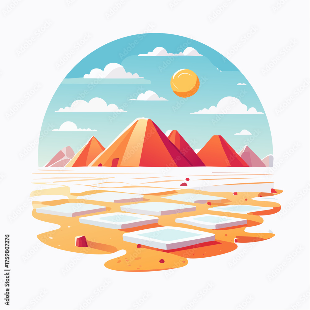 Obraz premium Stylized Desert Landscape with Pyramids and Ice Floes Under a Sunny Sky