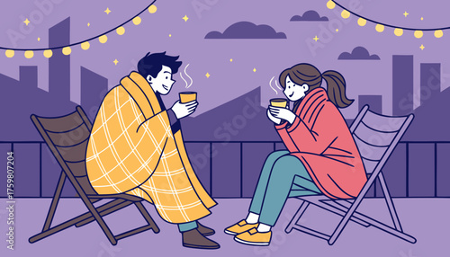 colorfull secene of Young couple sharing a blanket while sitting on rooftop chairs, sipping tea under fairy lights, visible fog and soft yellow bulbs creating cozy romantic winter night atmosphere."