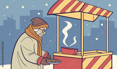 colorfull scene of "Elderly man selling roasted peanuts from a street cart on a cold evening, wearing shawl and gloves, steam rising from the cart, blurred city lights in the background, authentic str
