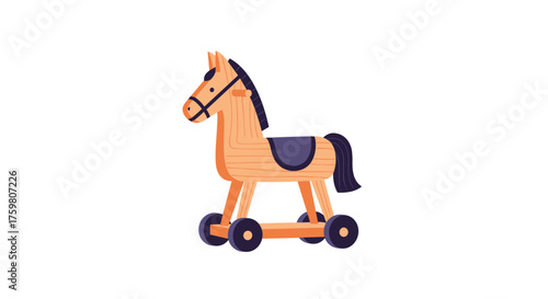 A wooden horse toy with wheels on a white background.