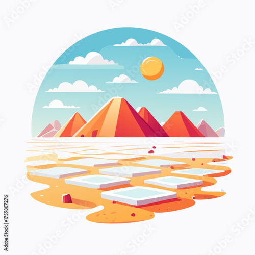 Stylized Desert Landscape with Pyramids and Ice Floes Under a Sunny Sky