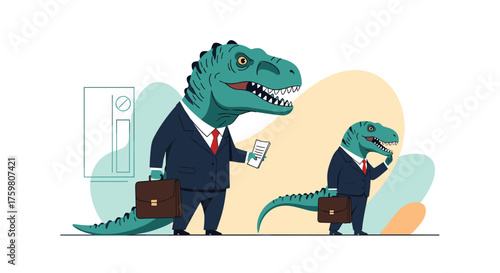Two dinosaurs in business suits walking in an office.