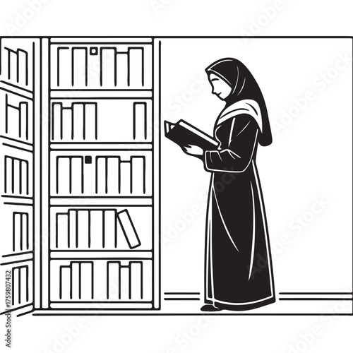 Silhouette of a woman in hijab reading a book in a library isolated on white background, representing knowledge