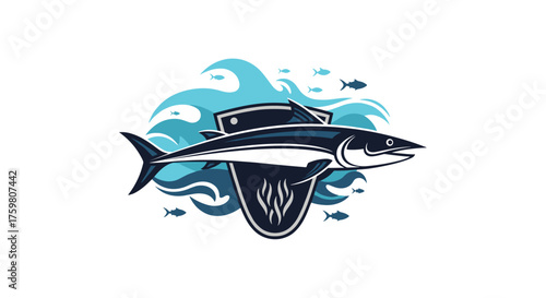 A pixelated illustration of a barracuda swimming through ocean waves.