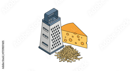 A grater sits next to a wedge of cheese and a pile of shredded cheese.