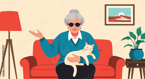 Elderly woman with sunglasses holding a cat on a sofa.