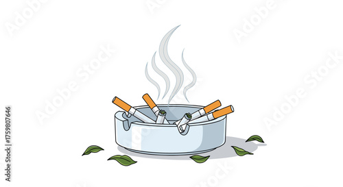 An ashtray filled with cigarette butts and smoke rising.