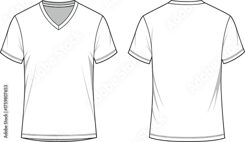 Plain white V-neck t-shirt, blank apparel mockup, front and back view, short sleeve tee, fashion template, clothing design, casual wear