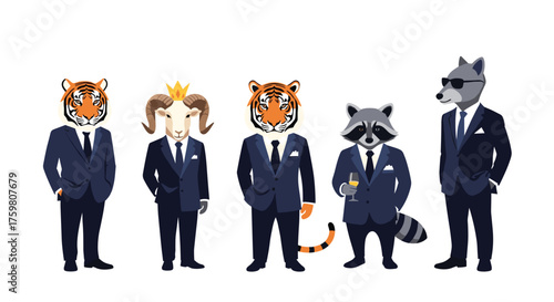A stylish group of animals in suits stand together.