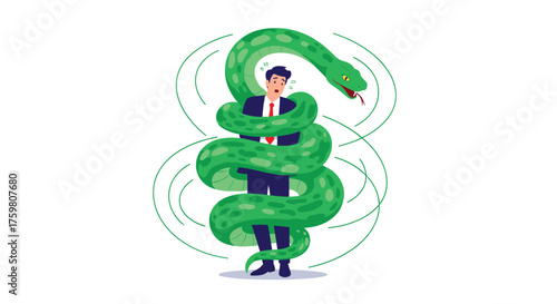 A business person is trapped by a giant green snake.
