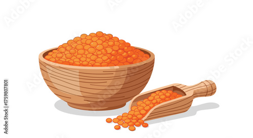 A bowl of nutritious red lentils with a wooden scoop.