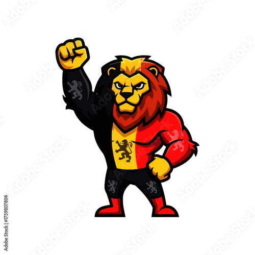 Belgian Lion Mascot Raising Fist In Victory, National Symbol Illustration