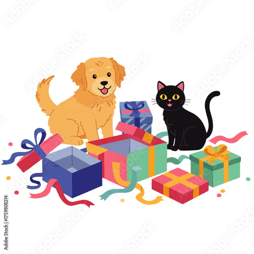 Adorable Puppy and Kitten with Celebration Gifts.