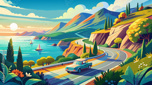 Very beautiful car driving along a panoramic coastal road surrounded by the sea and lush greenery, showcasing a scenic summer highway journey filled with sunlight, freedom, and natural beauty.