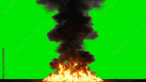 Massive Fire and Smoke Explosion on Green Screen Background.
