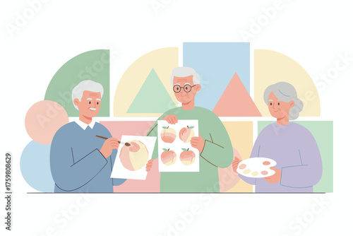 Seniors painting together enjoying creative leisure artistic expression and mental wellbeing