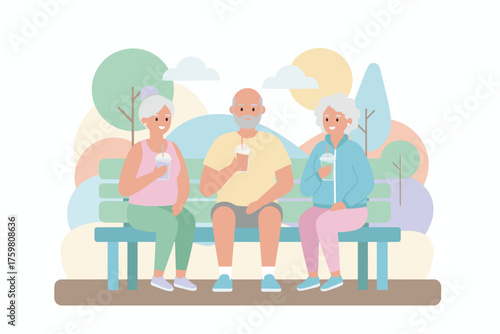 Happy senior friends enjoy refreshing drinks on a park bench promoting active healthy lifestyle