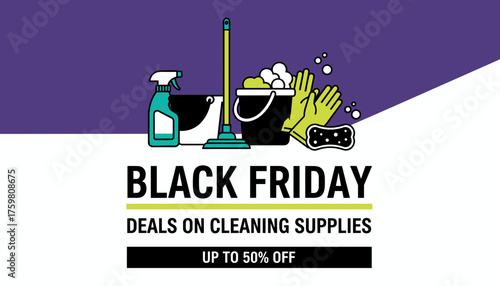 Black Friday sale on cleaning supplies with various tools ideal for retail promotions