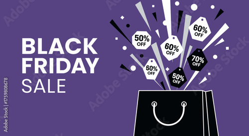 Black Friday Sale banner with shopping bag and explosive discount tags