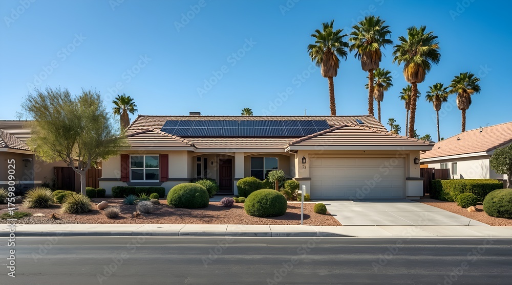 Fototapeta premium A beautiful single family home with solar panels on the roof and lush landscaping under a clear blue sky in a sunny suburban neighborhood