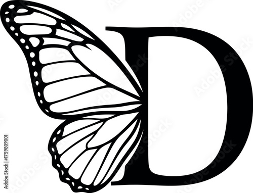 Elegant letter d with delicate butterfly wing illustration