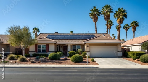 A beautiful single family home with solar panels on the roof and lush landscaping under a clear blue sky in a sunny suburban neighborhood