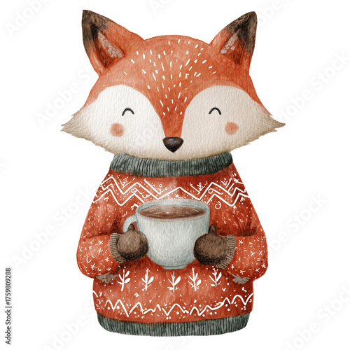 Charming fox in a cozy sweater holding a warm cup in a watercolor style