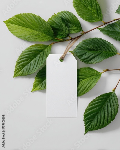 Minimalist Natural Composition with Green Leaves and Blank White Tag on Light Gray Background, Ideal for Wallpaper, Poster and Eco-friendly Design, Showcasing Fresh Botanical Graphic